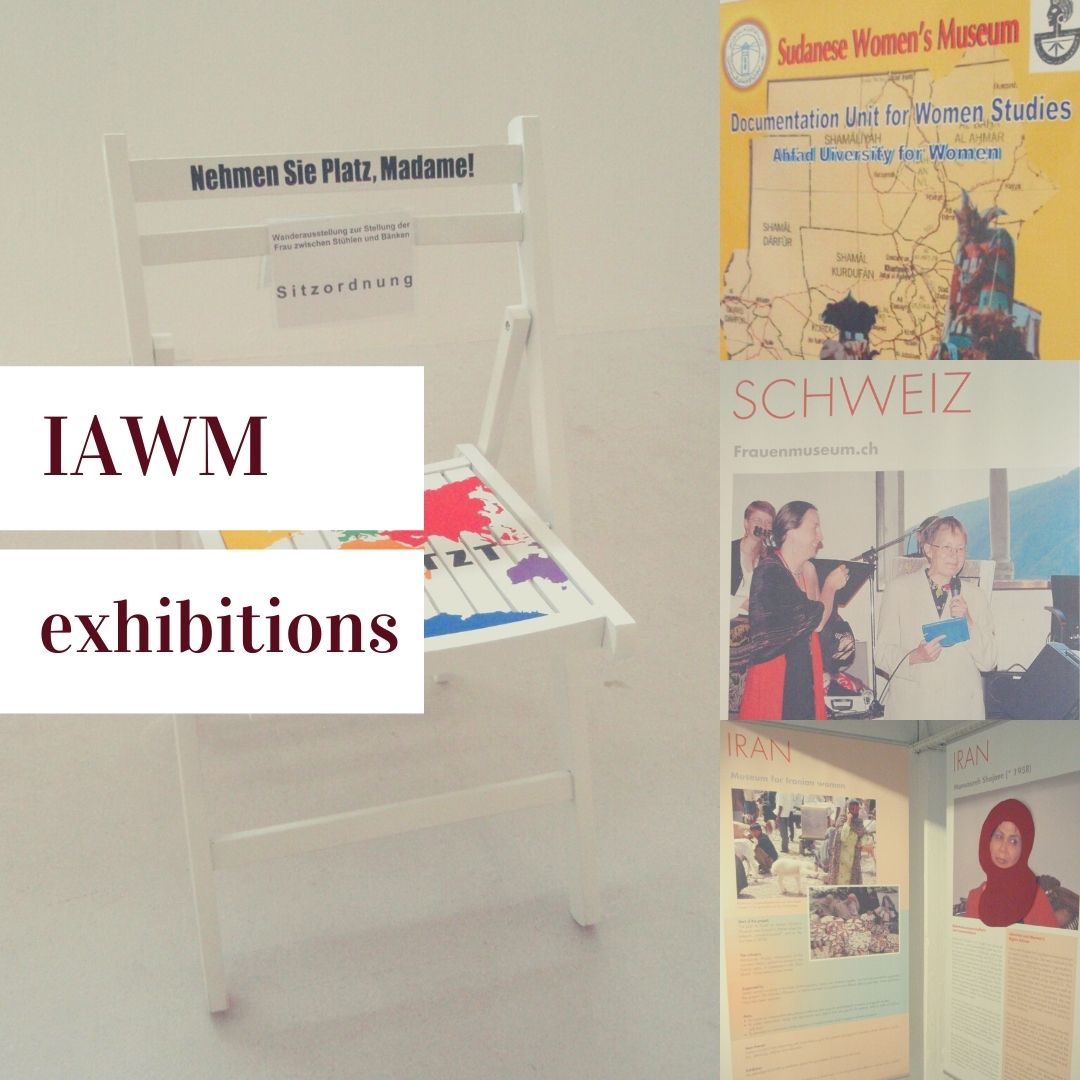 "IAWM exhibitions" with four pictures of exhibit panels from various exhibits