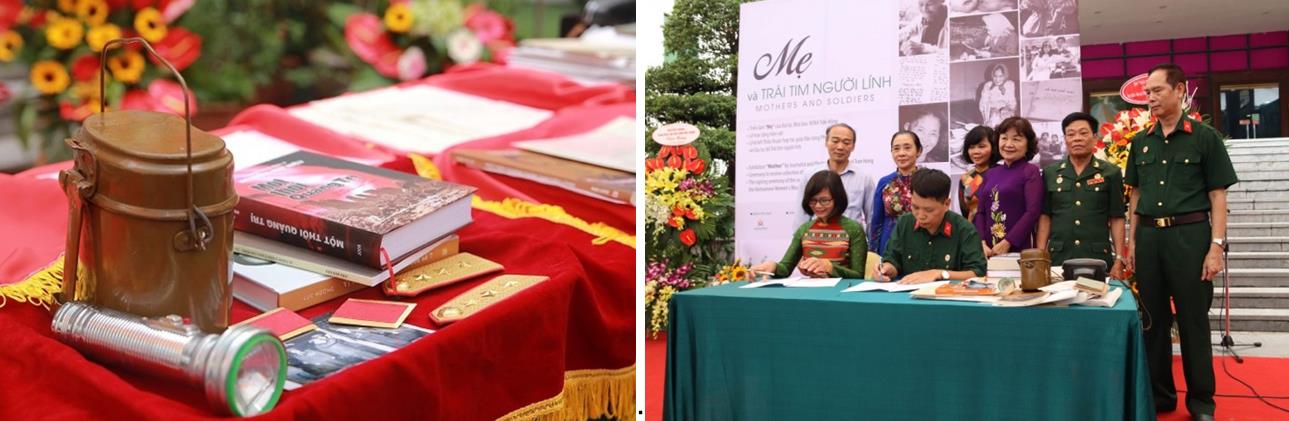 Objects donated by wartime soldiers (left) and the signing ceremony of collaboration between the Vietnamese Women’s Museum and the Soldiers’ Heart Club (right)